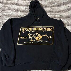 True Religion Black Hoodie with Gold Logo Panel
